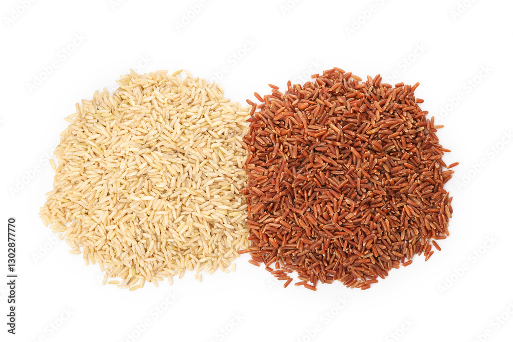 Different sorts of raw brown rice isolated on white, top view Different sorts of raw brown rice isolated on white, top view