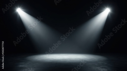 Illuminated Stage with Two Bright Spotlights Casting Dramatic Rays on Dark Floor