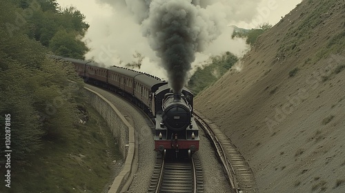 Steam locomotive chugging through a lush green valley with billowing smoke photo