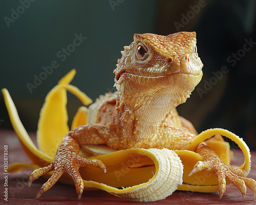 A lizard resting on banana peel, showcasing the reptile's detailed texture and the surreal combination of nature and fruit, symbolizing unexpected pairings and creativity. photo