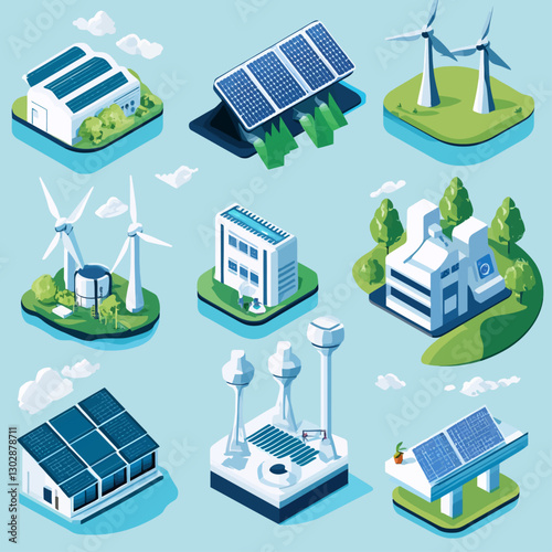 Isometric Vector Illustration of Renewable Energy Sources and Facilities
