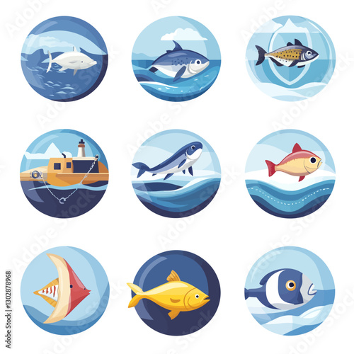 Fish Icons Set: Ocean Life, Marine Animals, Sea Creatures, Boat, Vector