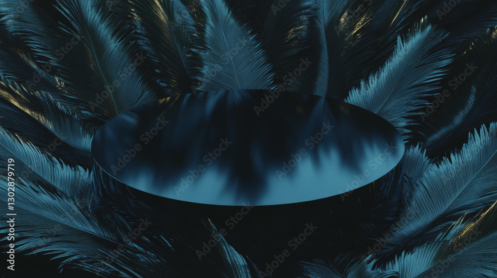 Obraz premium Elegant abstract background with blue podium and palm leaves for display