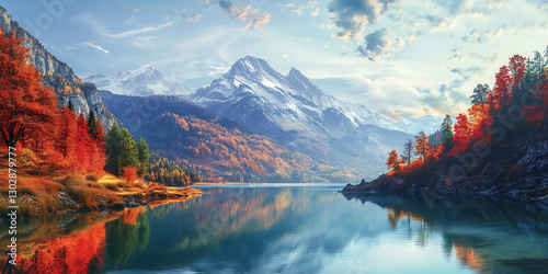 Scenic Painting of a Majestic Mountain with a Tranquil Lake in the Background photo