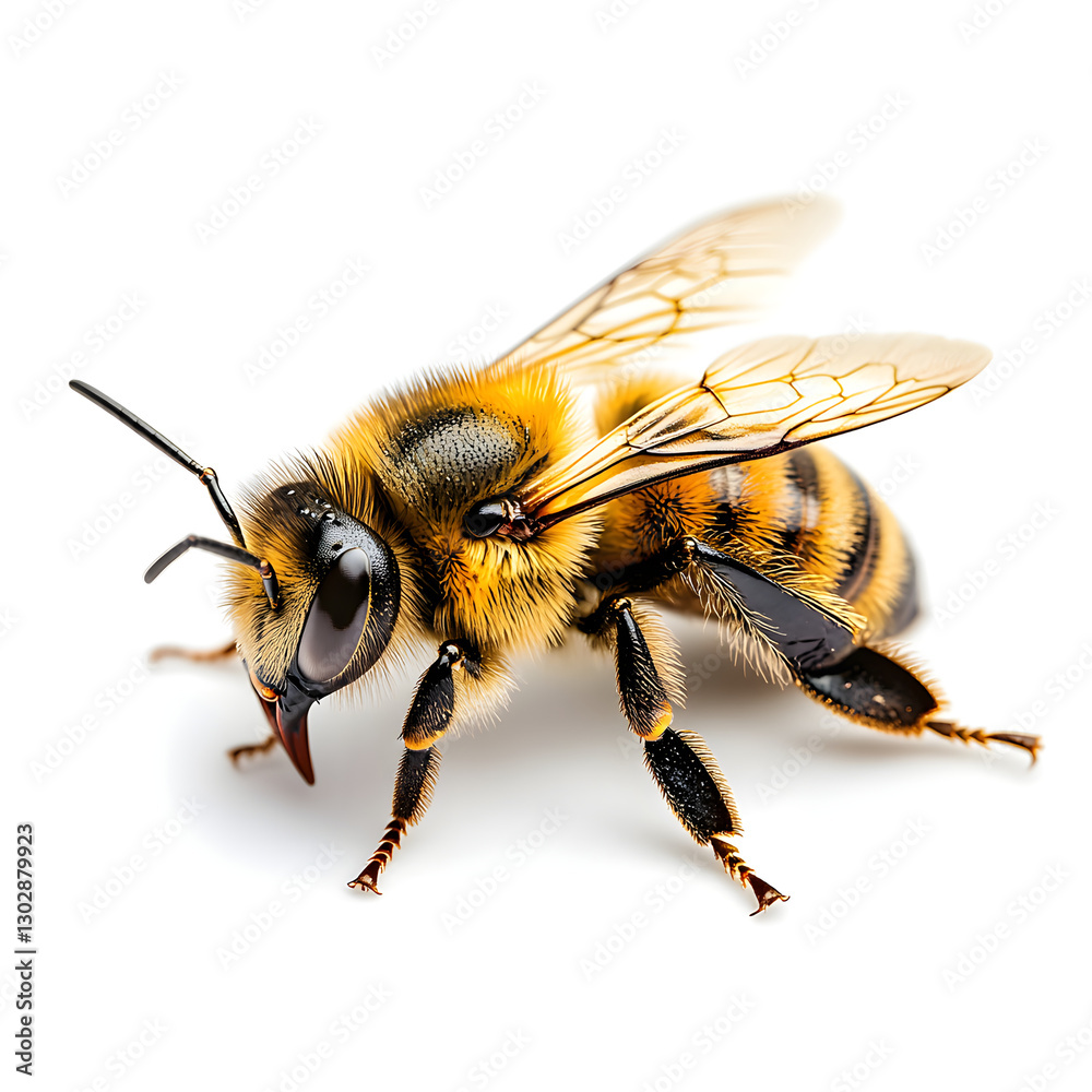 Honey bee standing on white background showing wings and legs Honey bee standing on white background showing wings and legs
