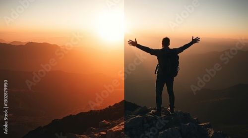 A man stands with arms outstretched at sunrise, embracing nature's beauty atop a mountain range. The warm colors create a serene atmosphere.