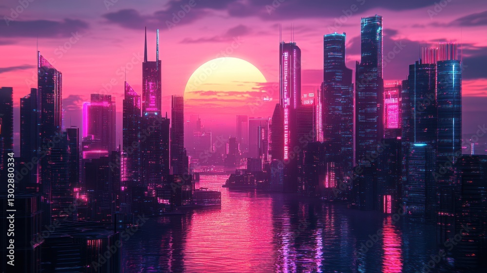 Fototapeta premium Neon Cityscape at Sunset: A Futuristic Metropolis by the Water