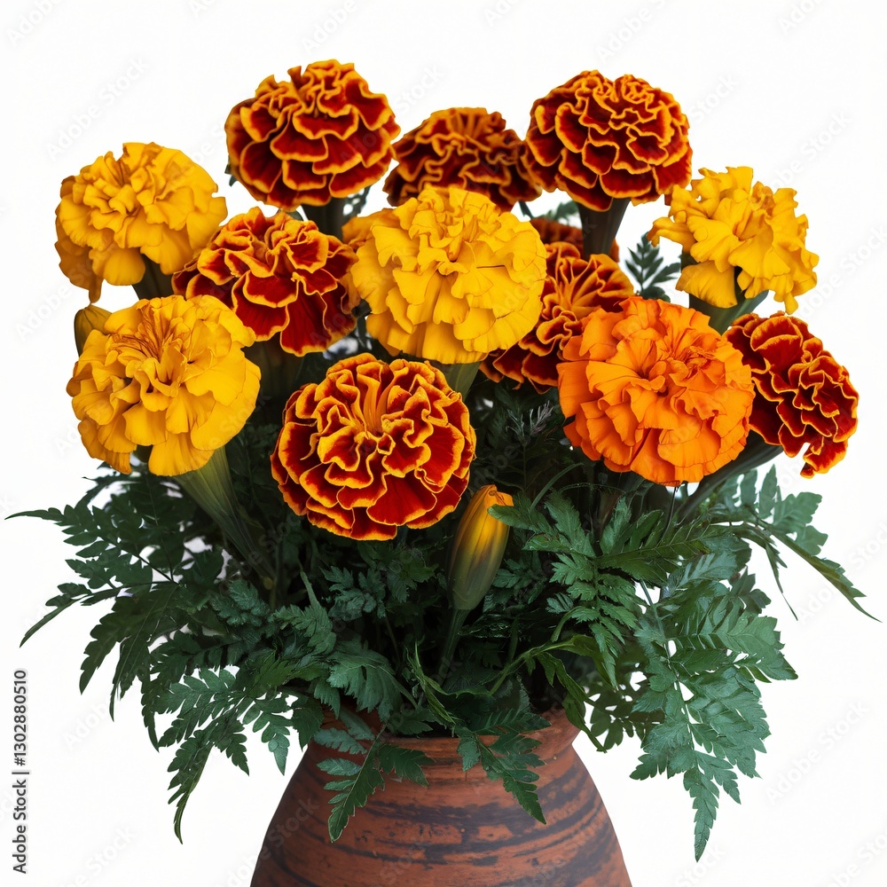 Obraz premium Vibrant Marigold Bouquet in Brown Clay Pot on White Background.