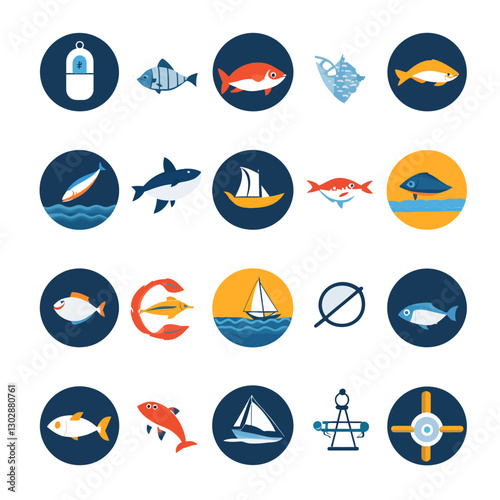 Nautical elements icons set on blue and yellow background flat design