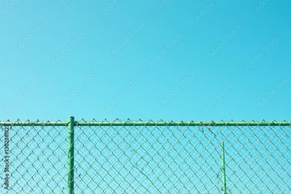 A verdant chain link fence stretches across a vibrant azure sky, a minimalist portrayal of boundary and freedom. A verdant chain link fence stretches across a vibrant azure sky, a minimalist portrayal of boundary and freedom.