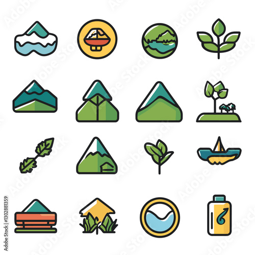 Collection of Nature Icons including mountains, plants and water designs