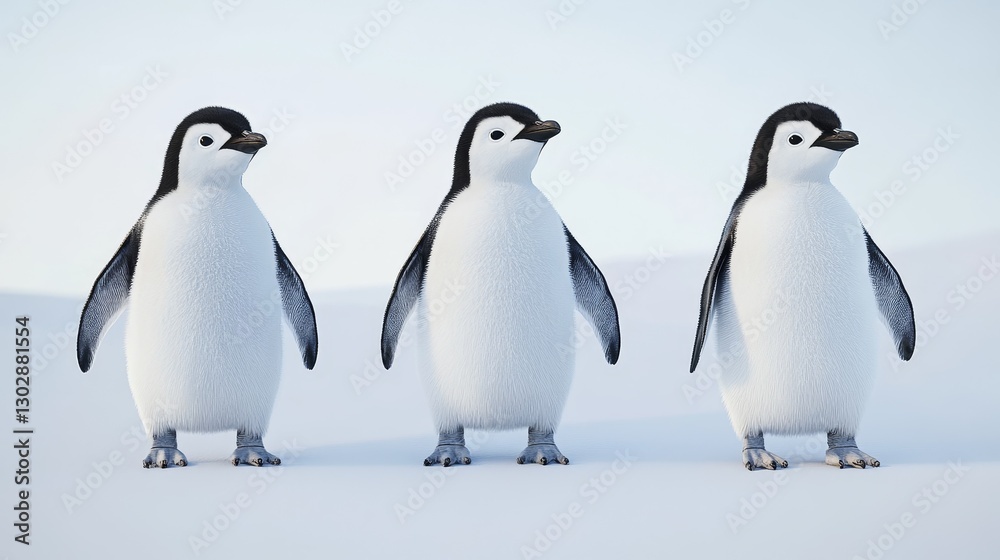 Obraz premium Three penguins standing on a snowy surface