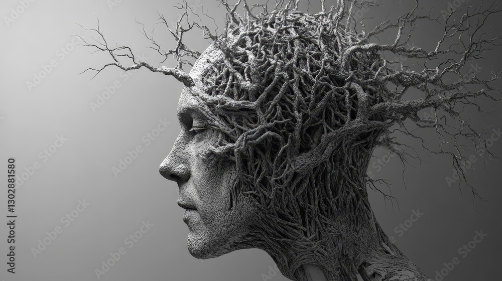 A person's face is made of tree branches A person's face is made of tree branches