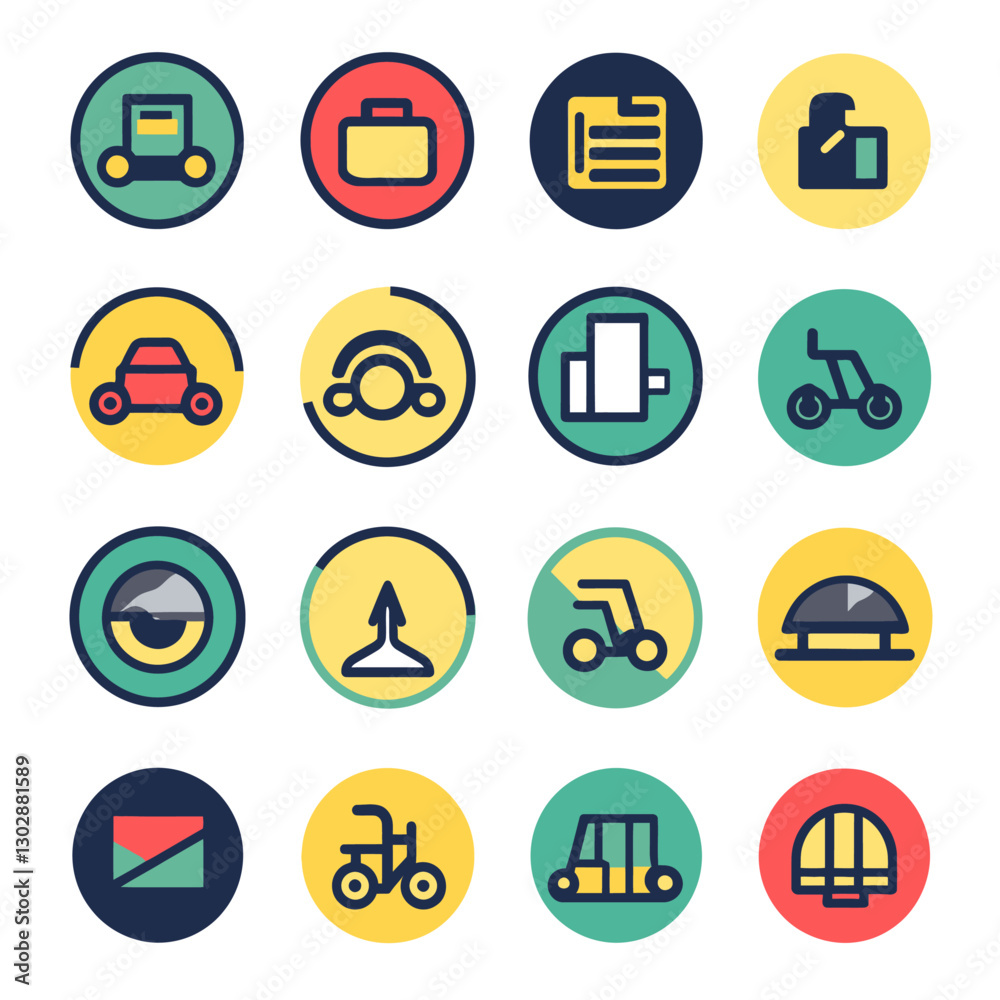 Diverse Icon Set Featuring Transportation, Communication, and Office Equipment Diverse Icon Set Featuring Transportation, Communication, and Office Equipment