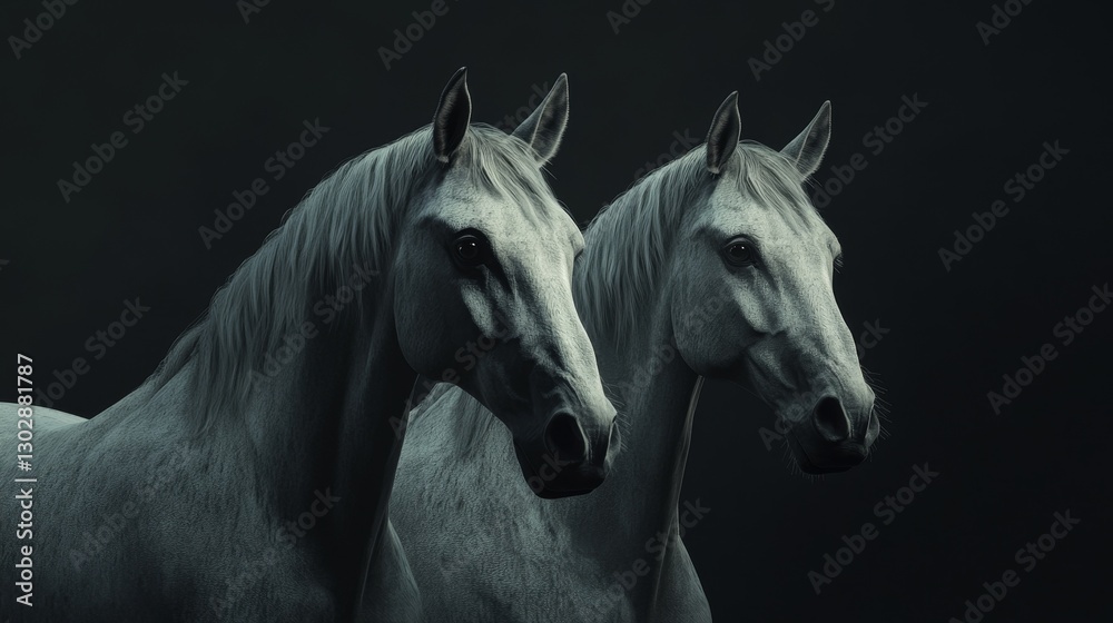 Obraz premium Two horses standing next to each other with their heads turned to the right