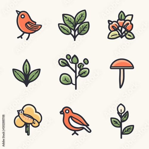 Set of botanical doodle style icons of plants, flowers, birds, and mushroom