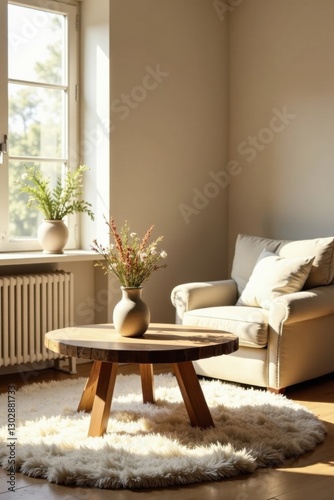 Sunlit Interior Design Featuring a Wooden Coffee Table and Fluffy Rug