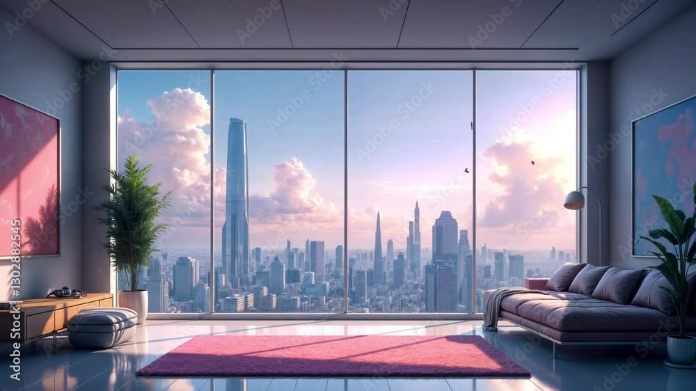 modern living room with a window animated virtual backgrounds, stream overlay loop, interior, cozy futuristic living room at sunset, vtuber asset twitch zoom OBS screen, chill anime lo-fi hip hop