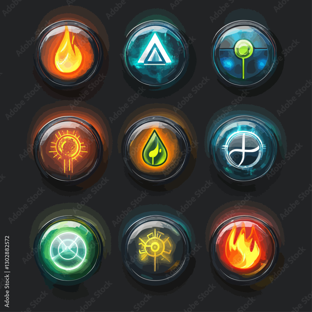 Game UI Elements Representing Fire, Water, Air, and Earth Symbols Game UI Elements Representing Fire, Water, Air, and Earth Symbols
