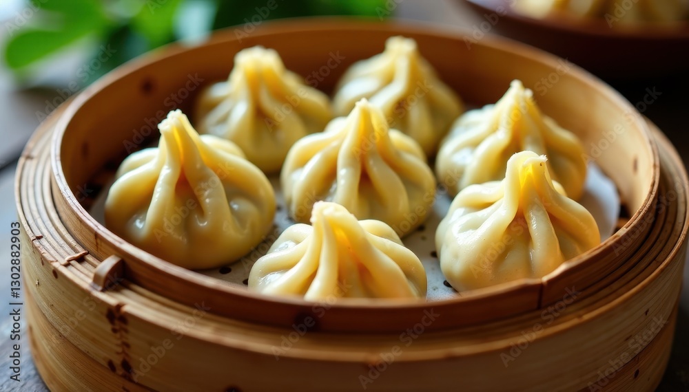 Close-up of several succulent dumplings in a bamboo steamer, condensation visible , image, tasty Close-up of several succulent dumplings in a bamboo steamer, condensation visible , image, tasty