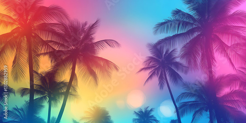 Vibrant Wall of Palm Trees Adorned with Colorful Leaves and Flowers