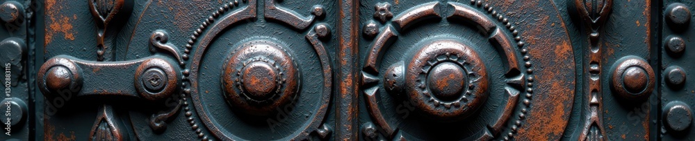 Closeup of weathered iron stove door, intricate design, heavy texture, close-up, fireplace Closeup of weathered iron stove door, intricate design, heavy texture, close-up, fireplace