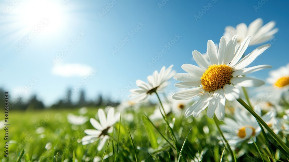 A close-up view of beautiful daisies basking in the sunlight under a bright blue sky, illustrating the peaceful coexistence of flora and the natural environment. A close-up view of beautiful daisies basking in the sunlight under a bright blue sky, illustrating the peaceful coexistence of flora and the natural environment.