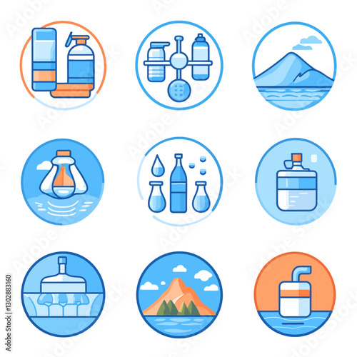 Water Purification Concept Icons Set, Clean Water Treatment Process Design