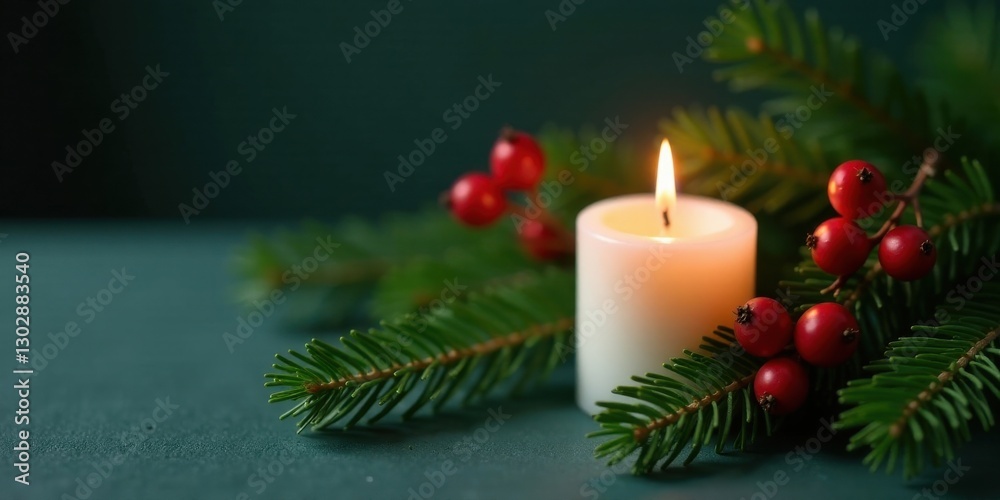 A Festive Still Life Featuring a Lit Candle Amidst Evergreen Branches and Vibrant Red Berries A Festive Still Life Featuring a Lit Candle Amidst Evergreen Branches and Vibrant Red Berries