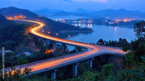Wallpaper Mural Highway Bridge Curves Over Lake at Dusk with Car Light Trails Torontodigital.ca