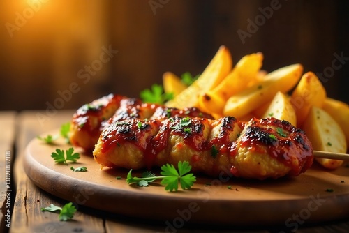 Savory Grilled Chicken Skewers with a Sweet and Spicy Glaze Served Alongside Crispy Potato Wedges on a Rustic Wooden Board