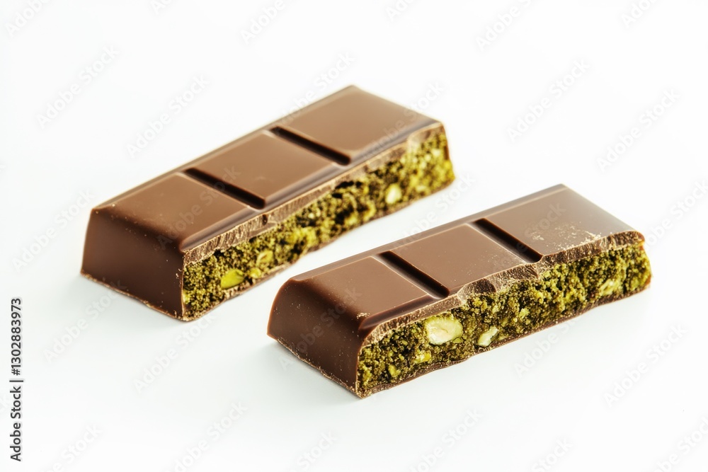 Delicious milk chocolate bar filled with pistachio paste and crispy kataifi isolated on a white background Delicious milk chocolate bar filled with pistachio paste and crispy kataifi isolated on a white background