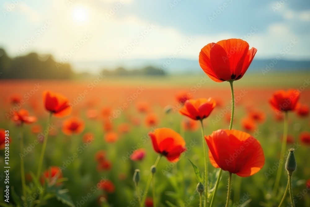 Fototapeta premium Crimson poppies sway gently in a sun-drenched field , meadow, texture