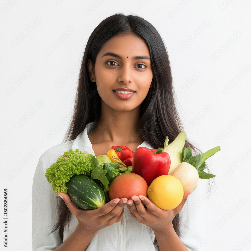 young woman holding vegetables and fruit young woman holding vegetables and fruit