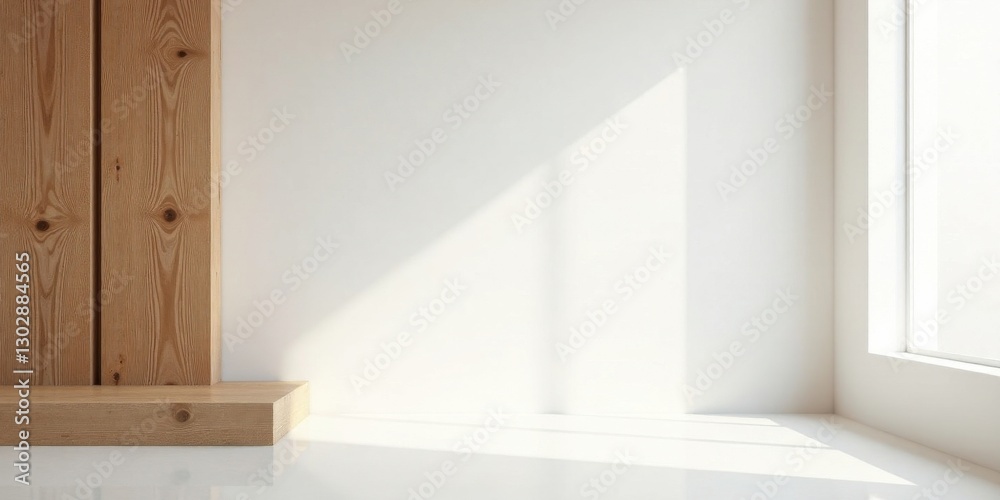 Fototapeta premium Minimalist Interior Design Sunlit Room with Wooden Accents and Empty Display Shelf