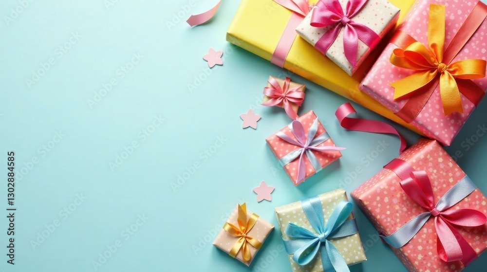 A delightful arrangement of festively wrapped gifts, adorned with vibrant ribbons and bows, scattered across a pastel blue background, perfect for celebratory occasions A delightful arrangement of festively wrapped gifts, adorned with vibrant ribbons and bows, scattered across a pastel blue background, perfect for celebratory occasions
