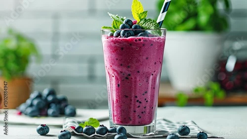 Delicious Blueberry Smoothie on White Kitchen Counter