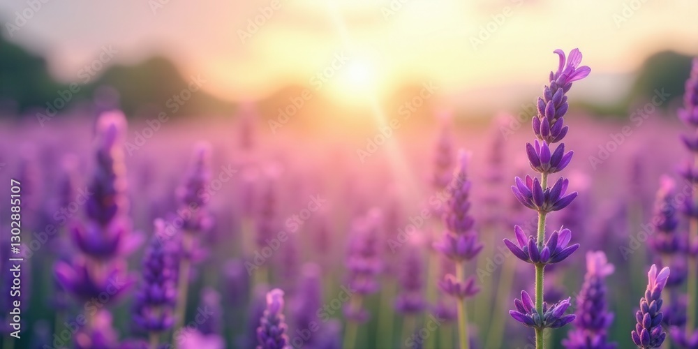 Naklejka premium Serene Sunset Illuminating a Lavender Field's Delicate Blossoms, Creating a Tranquil and Peaceful Atmosphere