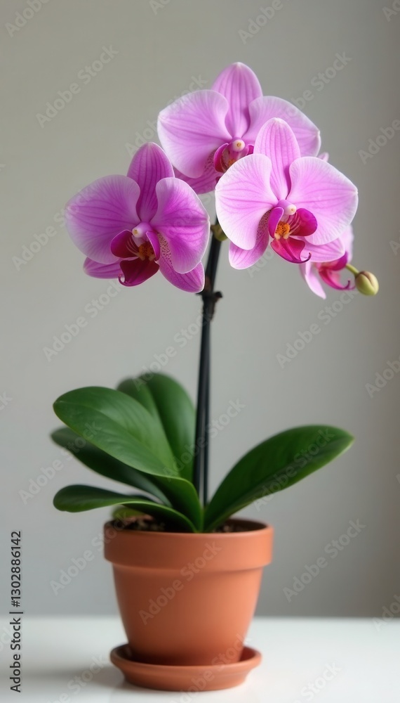 Delicate pink orchid blooms in terracotta pot, macro, pot, home decor Delicate pink orchid blooms in terracotta pot, macro, pot, home decor
