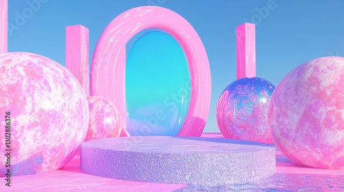 Vibrant abstract background with pink podium and spheres for design and display