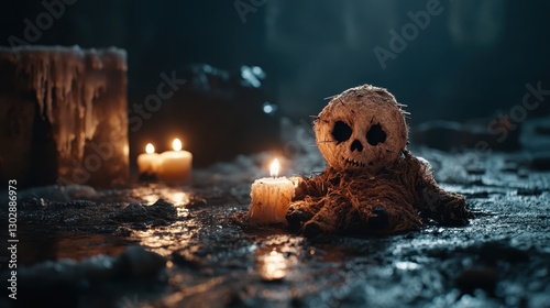 In an eerie setting, a tattered doll sits amidst flickering candles, suggesting themes of nostalgia, fear, and an unsettling atmosphere that echoes childhood memories. photo