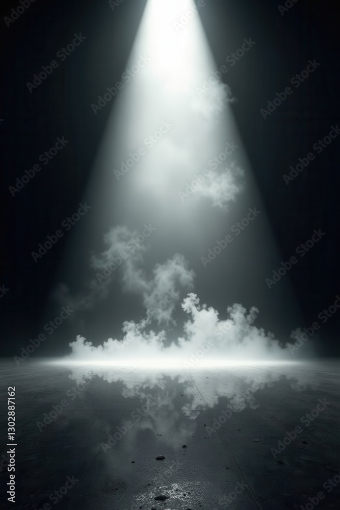 A single spotlight illuminates a low-lying fog bank on a reflective surface A single spotlight illuminates a low-lying fog bank on a reflective surface