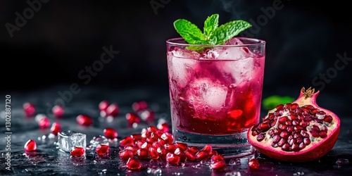 Glass of pink drink with a garnish of mint leaves and a pomegranate slice