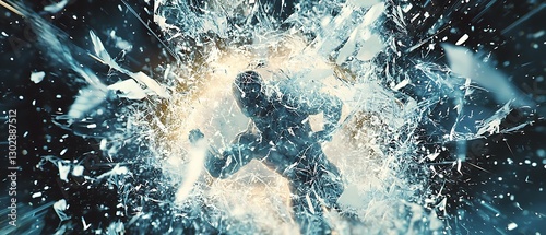 Captivating image of a person breaking through shattering glass with force
