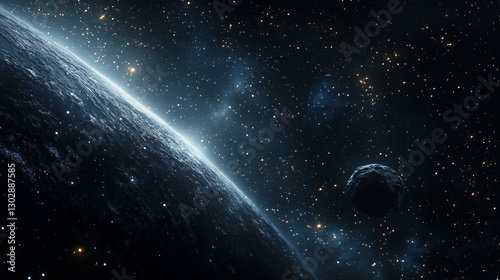 Asteroid racing toward Earth, glowing trail against distant planet, symbolizing cosmic uncertainty and existential risk