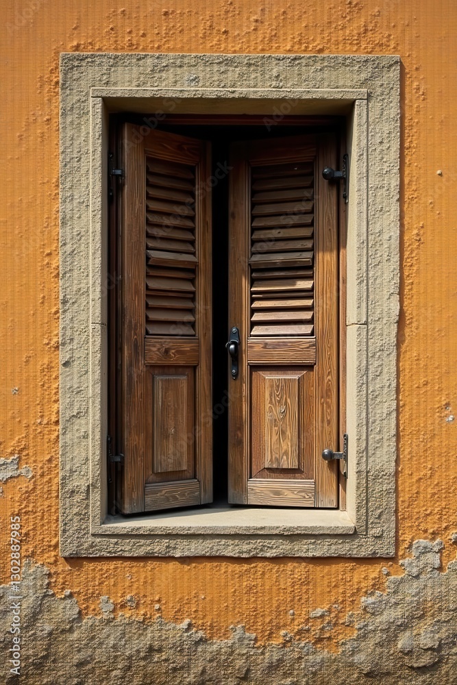 A weathered ochre wall's aged wooden window shutters, slightly ajar, reveal a glimpse of light and shadow within a stone frame. A weathered ochre wall's aged wooden window shutters, slightly ajar, reveal a glimpse of light and shadow within a stone frame.