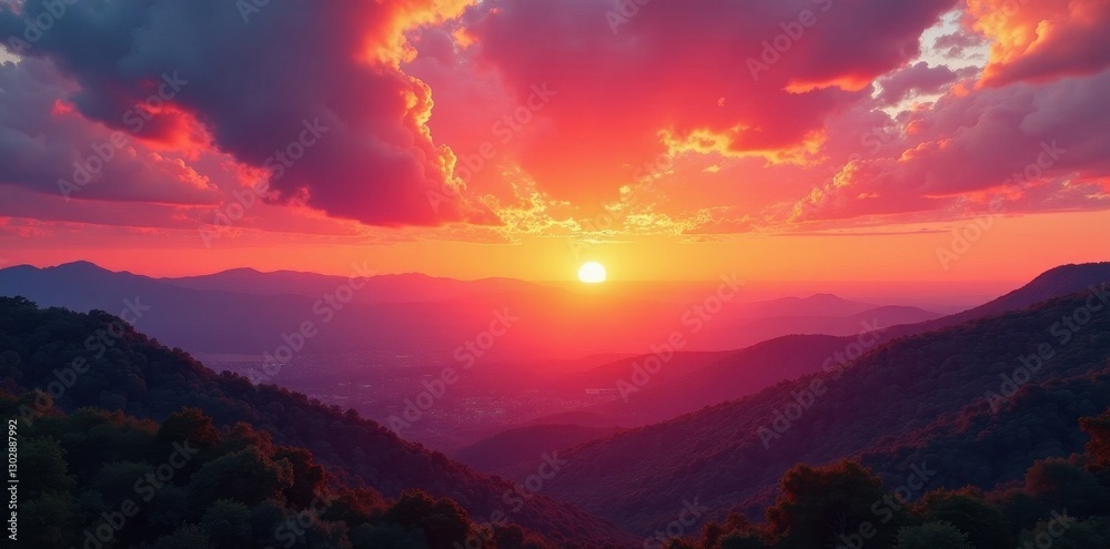 Fototapeta premium Fiery orange and pink hues paint a breathtaking sunset panorama , panorama, magnificent