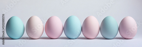 at the bottom of the image are seven eggs with free space on top of image for text, creative geometric pattern on pastel colors eggs