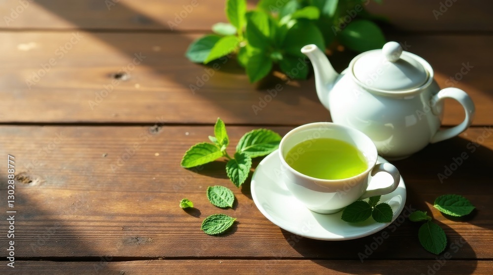 Aromatic Green Tea Brewing Session on Rustic Wooden Surface with Fresh Mint Sprigs