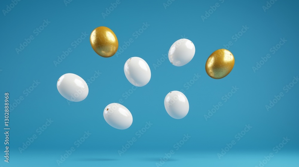 Conceptual Image of Floating White and Golden Eggs Against Blue Background Conceptual Image of Floating White and Golden Eggs Against Blue Background